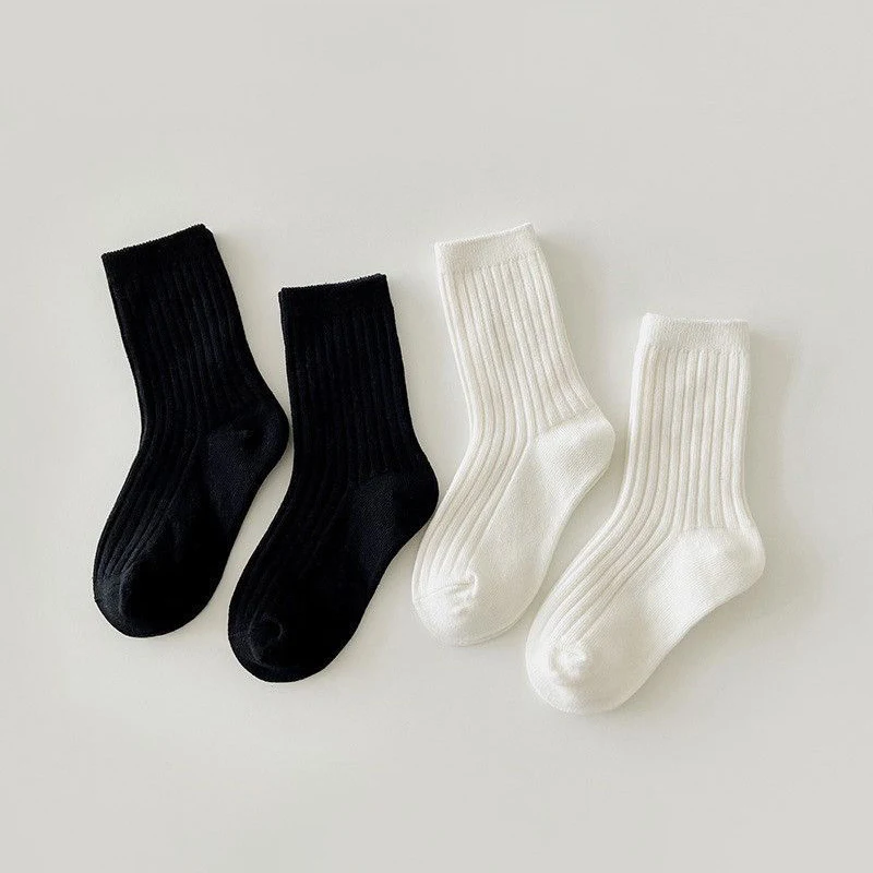 4 Pairs Baby Socks Spring Autumn Pure Cotton Mid-Tube Solid Color Kids Socks Black White Student Children'S Socks