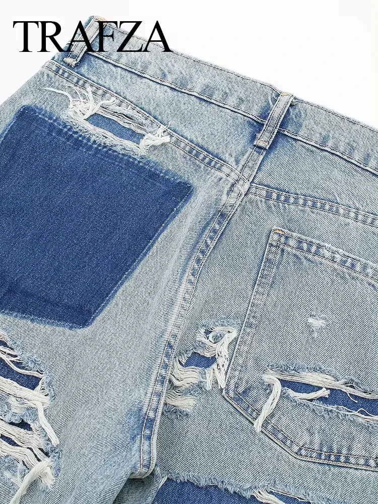 TRAFZA 2024 Damska moda uliczna Denim Niebieskie dżinsy Distressed Patchwork Wysoka talia Zamek błyskawiczny Fly Ripped Retro Długie spodnie