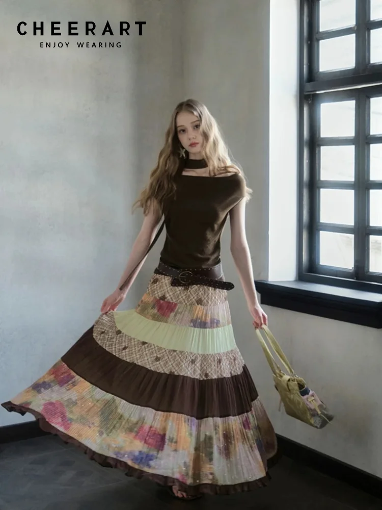 CHEERART Barbizon Dollette Summer Full Skirt For Women 2026 Vintage Patchwork A Line Brown Long Maxi Skirt Fashion Bottoms