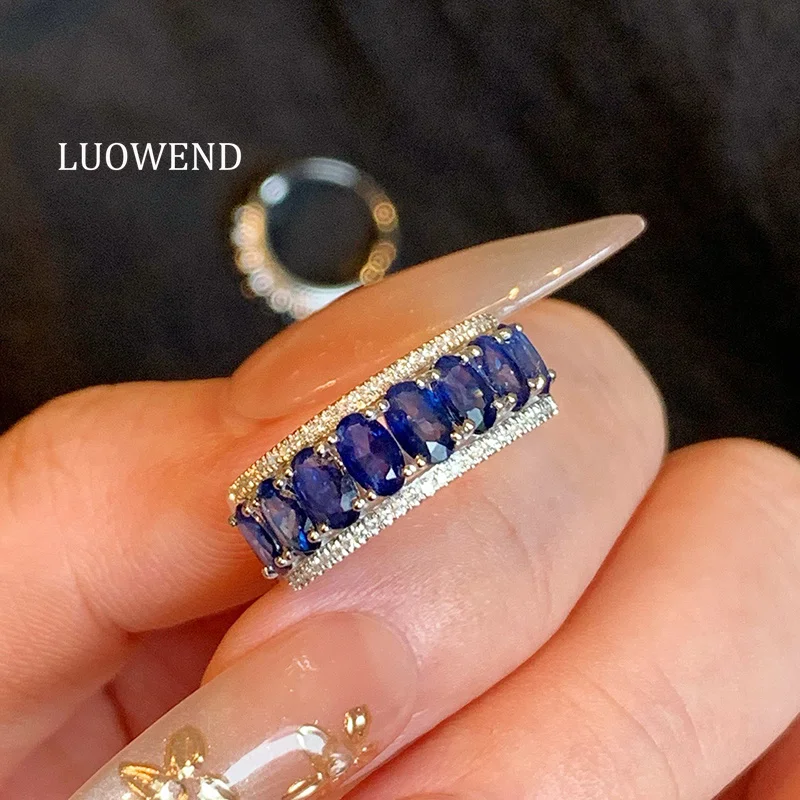 Anillos LUOWEND 100% Oro Blanco de 18K, Diseño de Moda de Lujo, Anillo Brillante con Diamantes y Zafiro Natural para Mujer, Joyería de Alta Gama para Fiestas