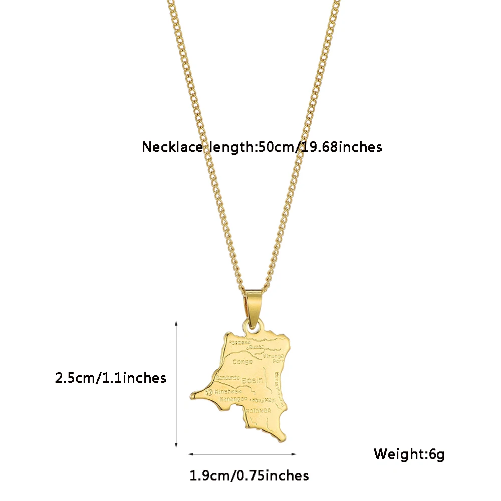 Ethlyn Chain 50cm Gold Color Democratic Republic of the Congo Map Pendant Necklace DRC Jewelry for Women Men MY456