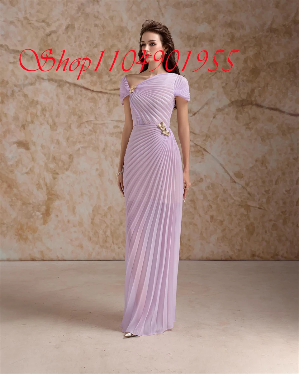 

Customized Temperament Light Purple Chiffon Evening Dress High Quality Lrregular Collar Type Short Sleeves Homecoming Dress