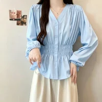 Chemisier et haut de bureau tendance pour femme, taille élastique, grande taille (200 livres), couleur unie, col en V, style chic français, basiques 4