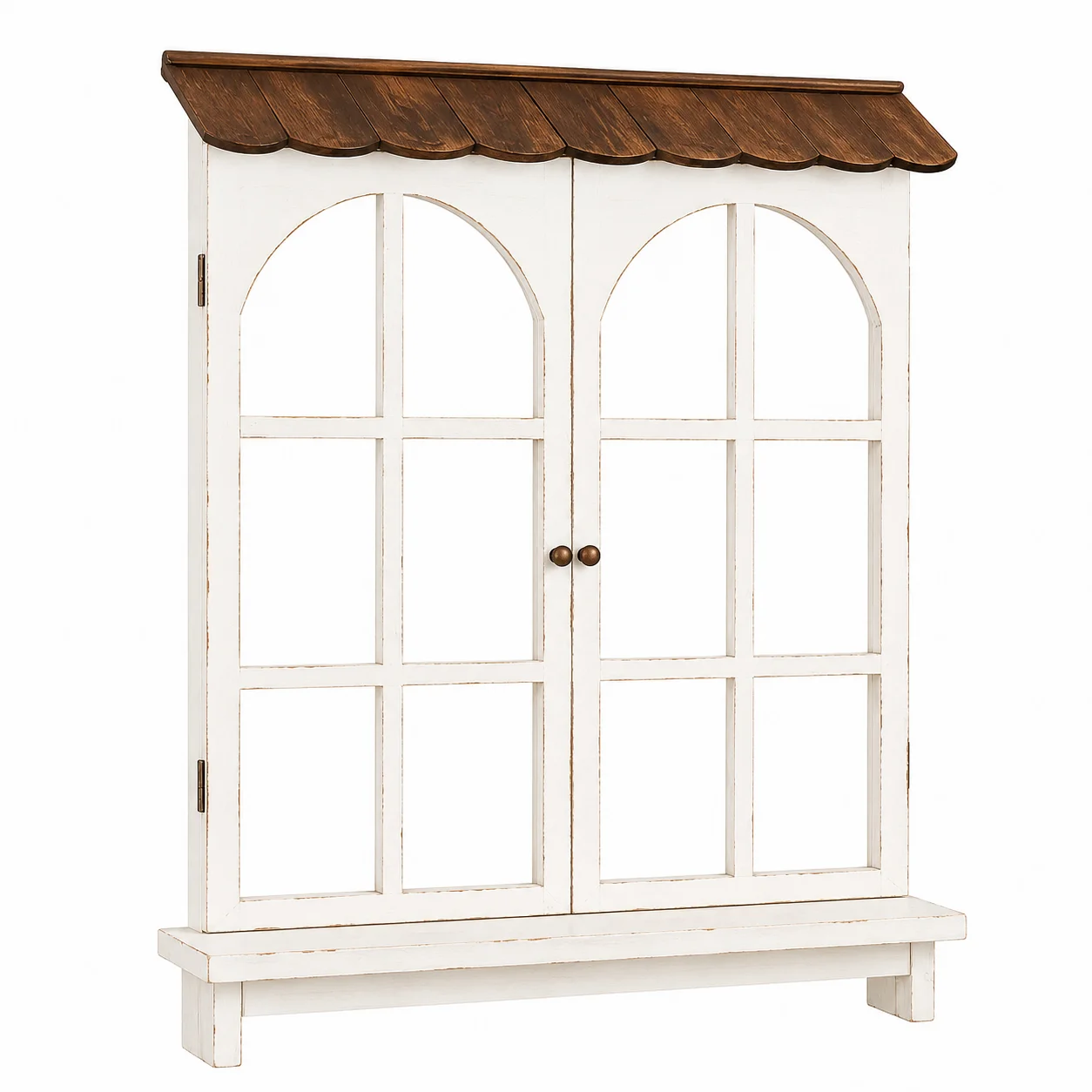 French Vintage Wooden Window Wall Decor with Roof, Rustic Distressed Double Door Wall Hanging Farmhouse Window Frame Accent