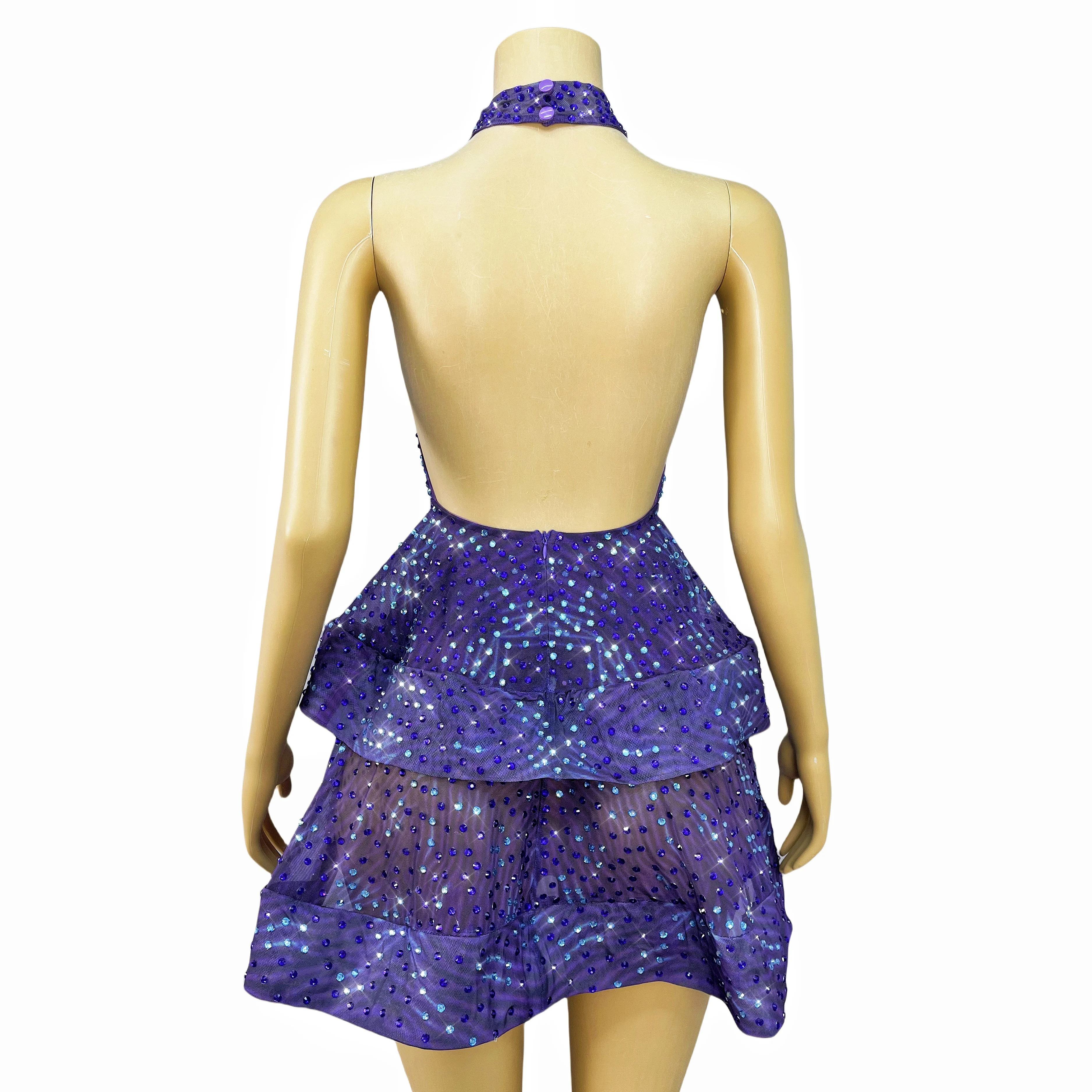 Nubreza e elegância roxo cintilante strass sem costas em camadas vestido de noite vestido de aniversário mostrar dança palco outfit zibowen