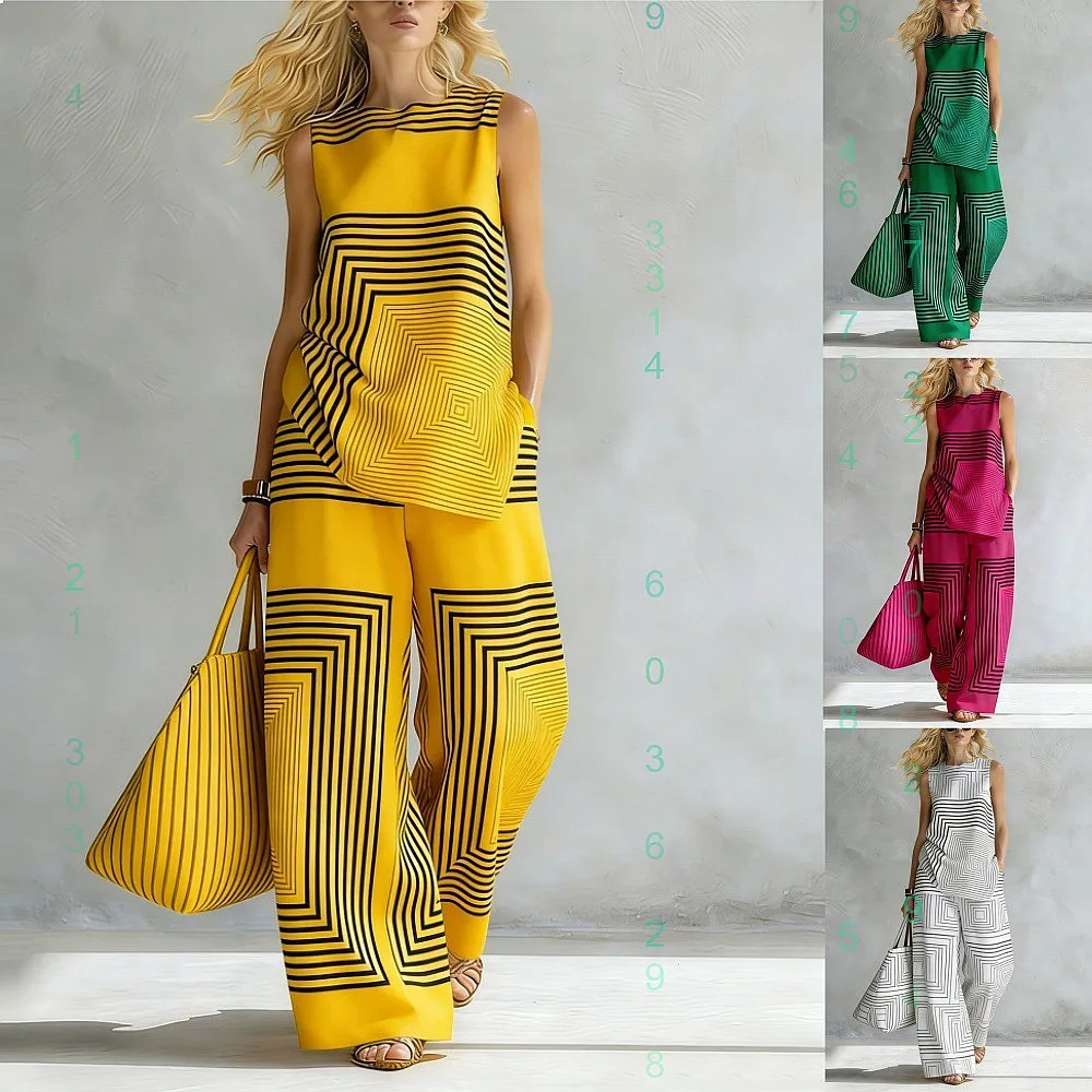 Locker sitzendes Set mit geometrischem ärmellosem Oberteil und weit geschnittener Hose, Jumpsuit, Playsuit für Frühling und Sommer