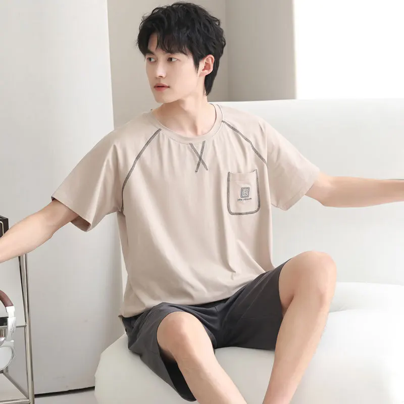 2 Pieces Set Summer Homewear For Men Cotton Nightwear Breathable Loungewear Young Boy Male Pjs Pijamas Hombre pyjama homme coton