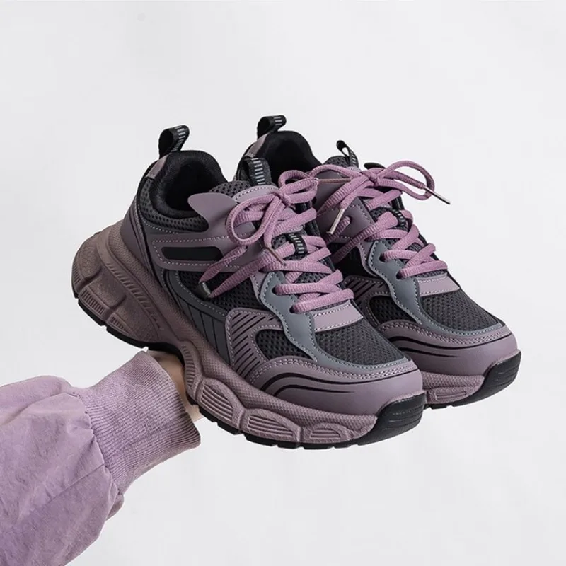 Silver Dad Shoes Unisex Foot Slimming Campus Sports Sneakers Breathable Lightweight Rubber Sole Round Toe Sports Running Shoes
