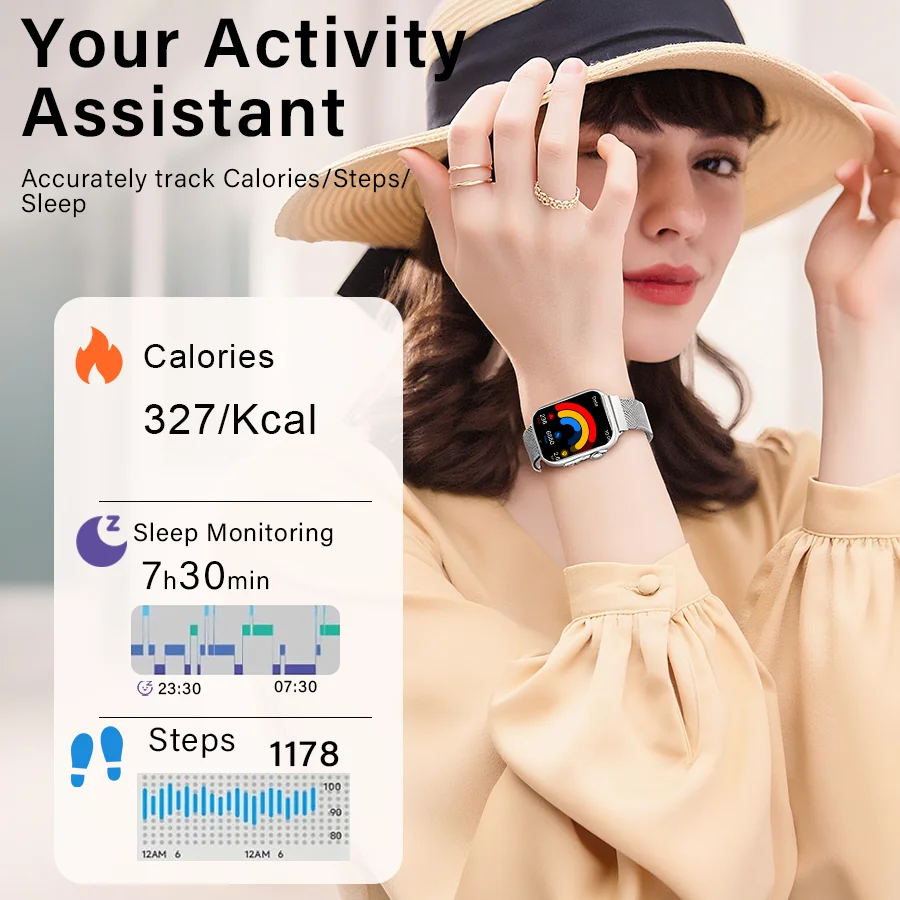 ساعة ذكية للنساء 1.83 بوصة شاشة عالية الدقة إشعار رسالة المكالمات النوم معدل ضربات القلب SpO2 مراقبة ضغط الدم جهاز تعقب للياقة البدنية
