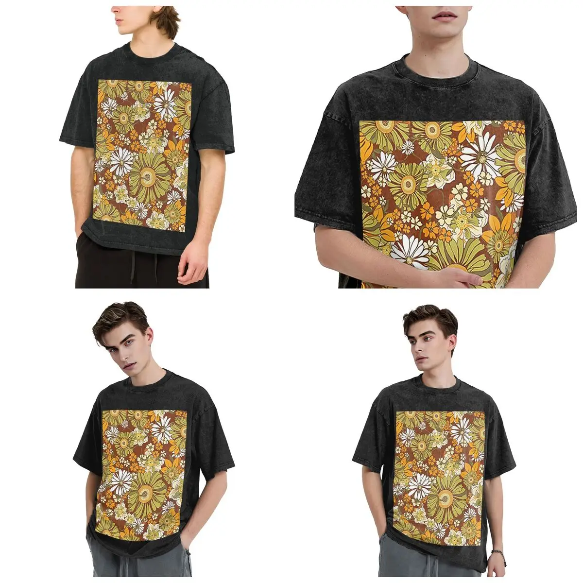 Streetwear T-Shirts 70s Retro Vintage Flower Power Pattern Boho Washed T Shirt Short Sleeve Hip Hop T-Shirt Tops Tees Men Women