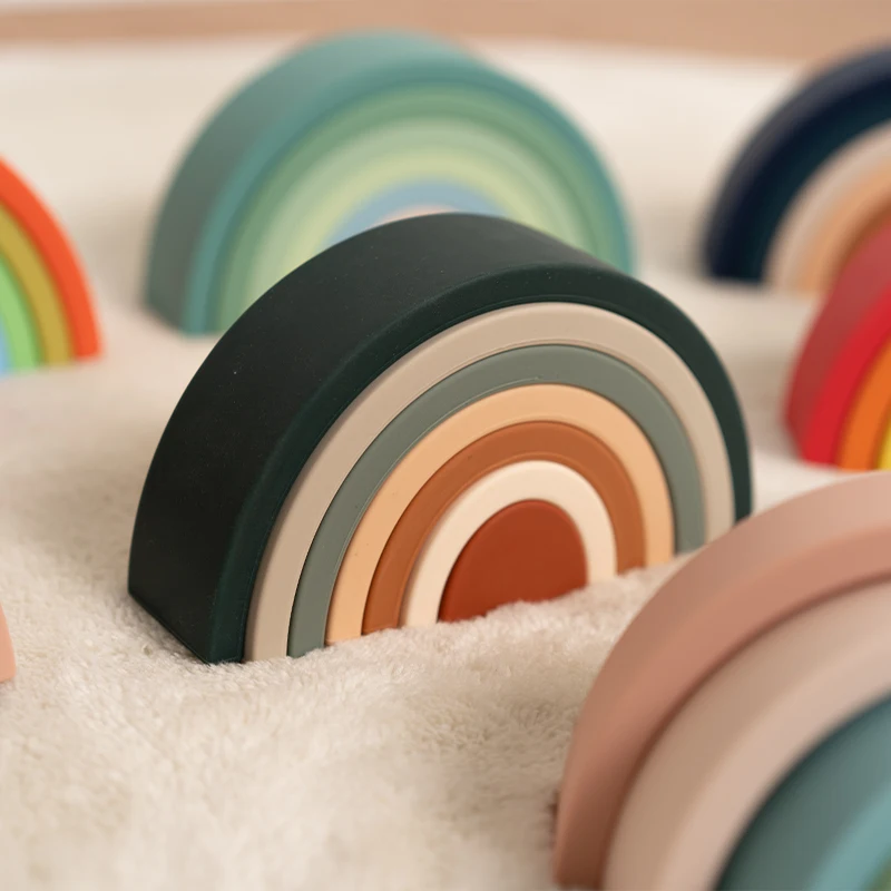 Silicone Baby Rainbow Stacking Toys Building Blocks Montessori Nesting Puzzle Toy for Kids and Babies Early Development Gifts