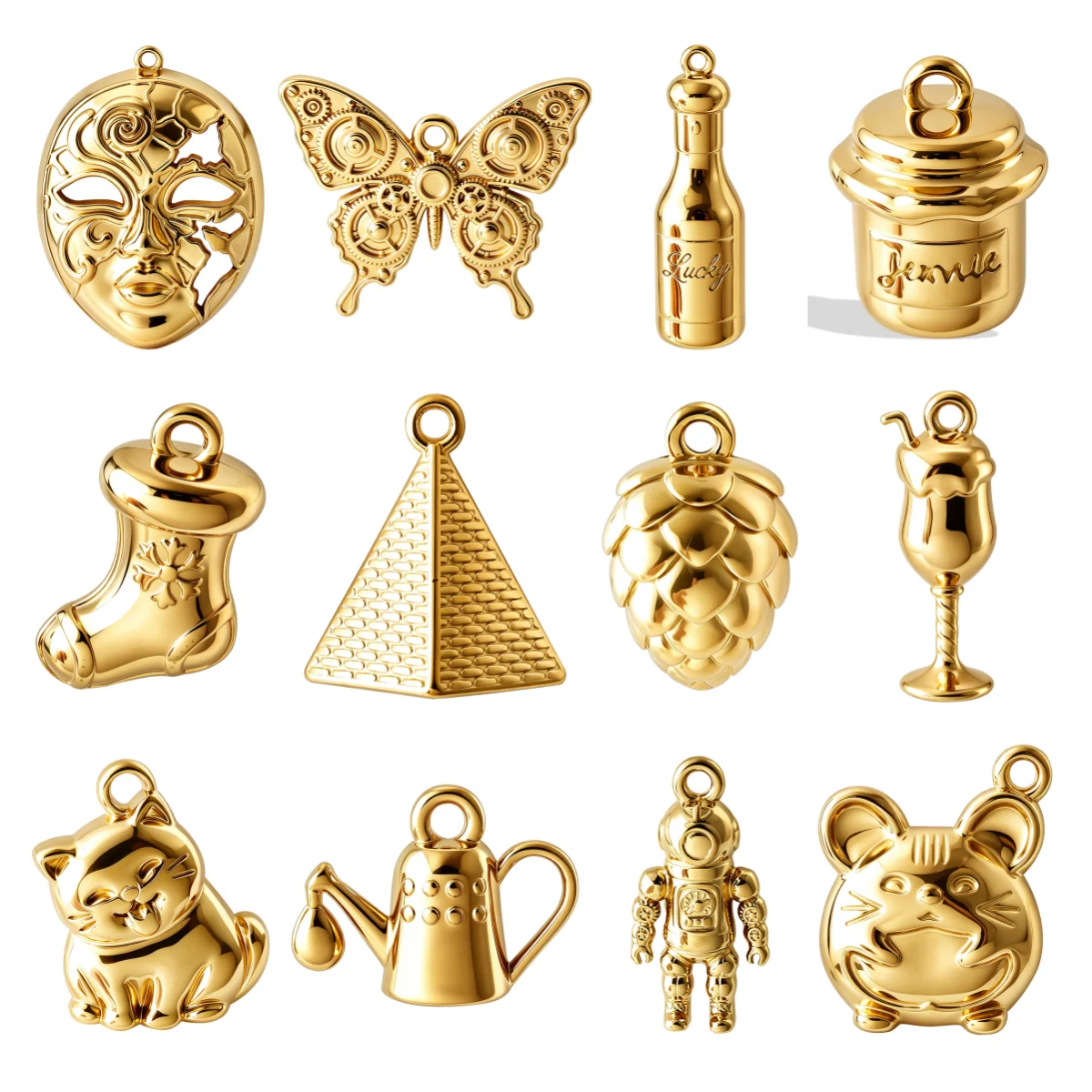 6Pcs 316 Stainless Steel Mask Butterfly Bottle Kitten Astronaut Pendant Personality Kettle Pinecone Pyramid Charms DIY Jewelry