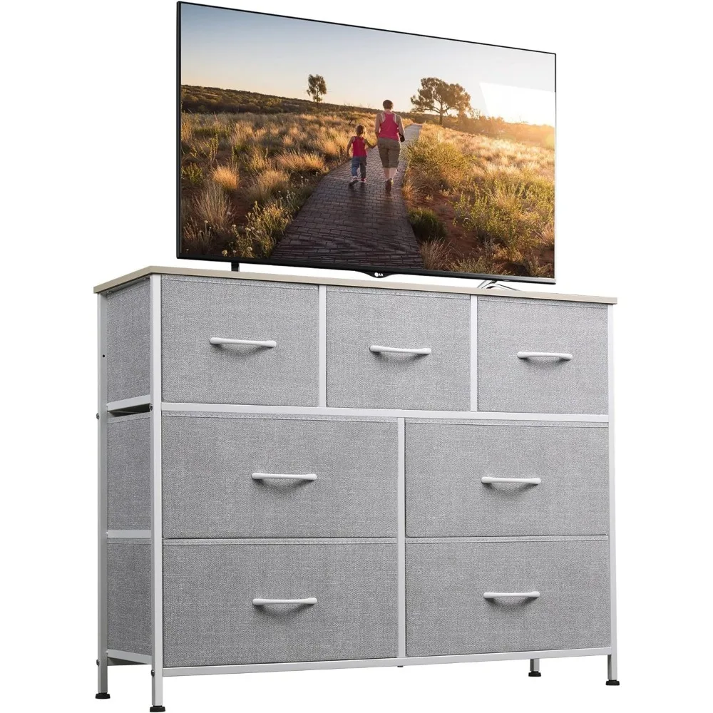 

Dresser TV Stand, with Fabric Drawers, Media Console Table with Metal Frame and Wood Top, Chest of Drawers