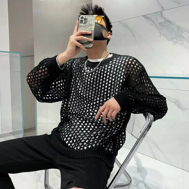 Y2K Vintage Hollow Out Loose Knitting T-shirt Man All Match Geometic Tops Fashion Casual Outfits See-though Male Pullover XT984