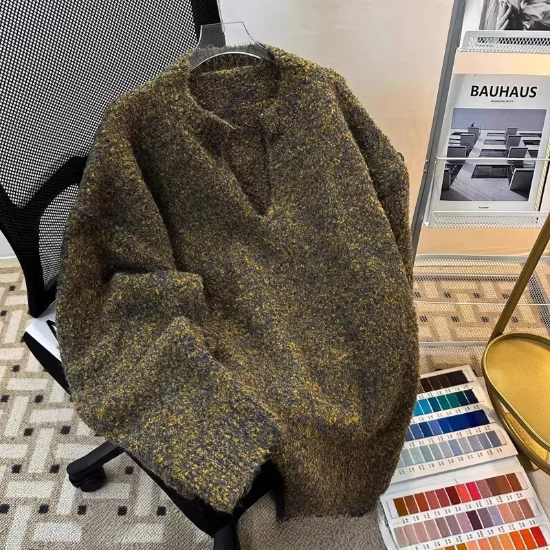 

Men's Oversized V-Ne Knitwear Loose Fit Retro Sle Polyester Fiber een Moss Color Autumn Winter Casual Outerwear