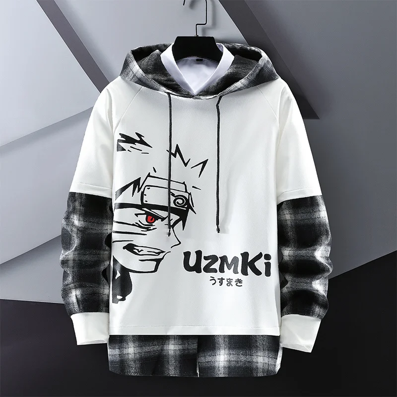 New 2023 Spring Autumn Men's Cotton Sweatshirts Fake Two-Piece Hooded Pullover Streetwear Japanese Cartoon Hoodies Hip Hop Tops