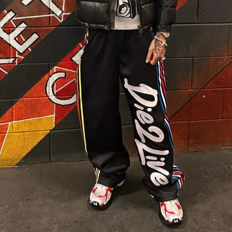 High Street Fashion Colorful Striped Letter Print Oversized Casual Pants Men Y2k Harajuku Retro Gothic Rock Straight Pants Women