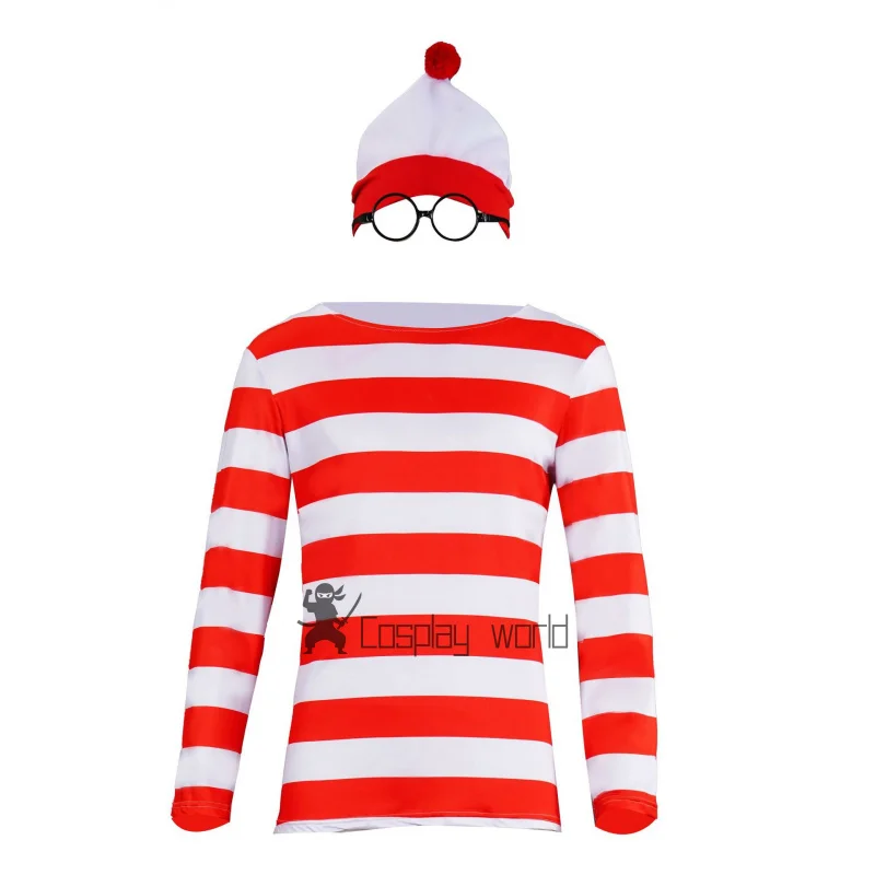 

Полосатая рубашка Wheres Waldo, молодежный костюм Wally для мальчиков, рубашка, очки и шляпа, носки, карнавальный костюм унисекс для взрослых