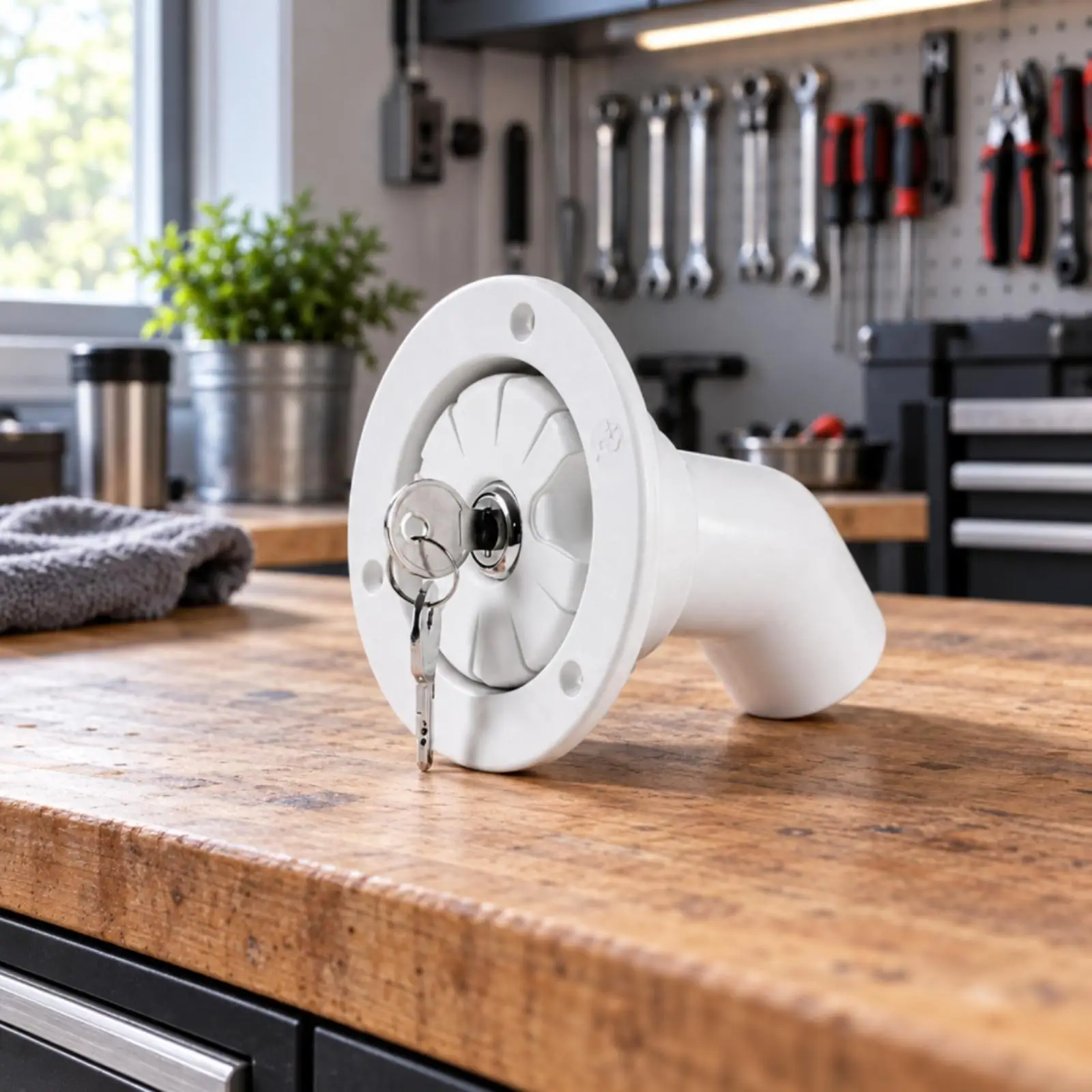 Tapa de entrada de agua para caravanas, de plástico blanco con llave, compatible con el puerto de llenado estándar de las caravanas, ideal para viajes por carretera y para usar en acampadas.