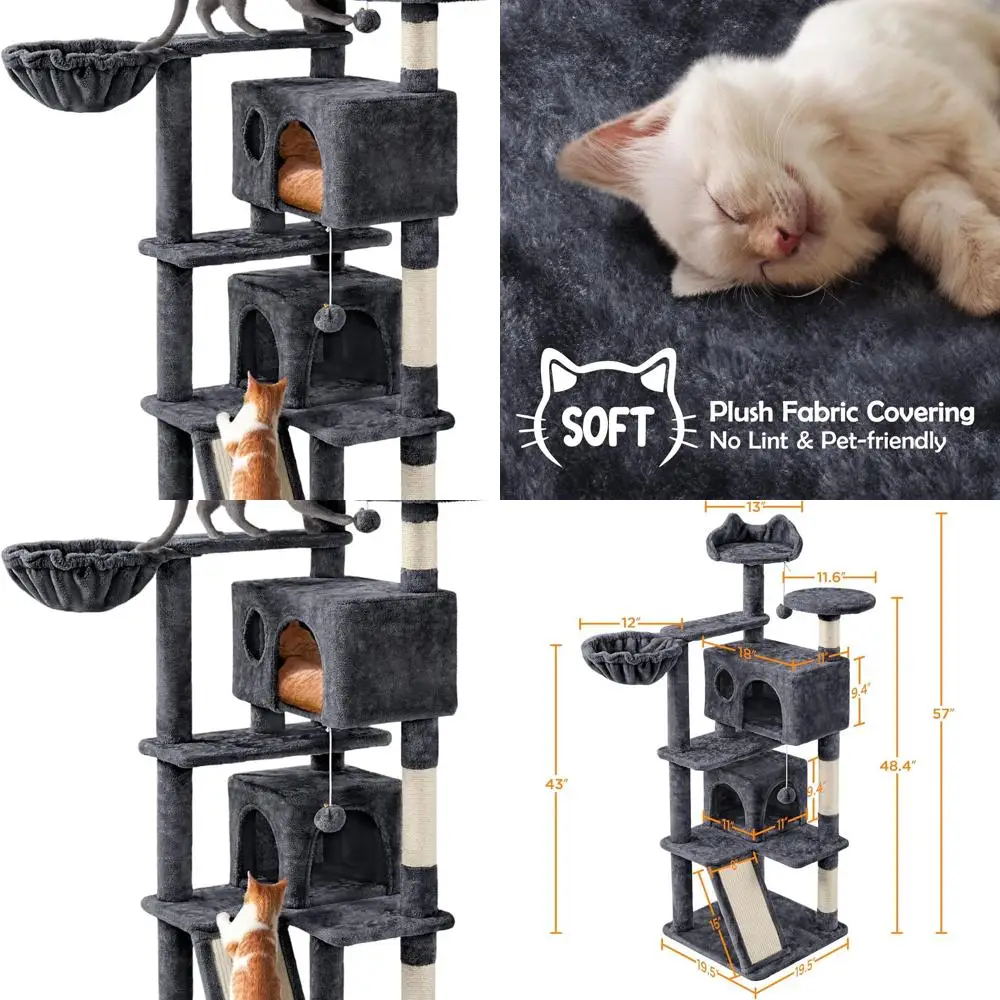 

Indoor Multi-Level Cat Tower, 57 Height, 3 Perches, 2 Condos, Hanging Balls & Scratching Posts, Dark Gray