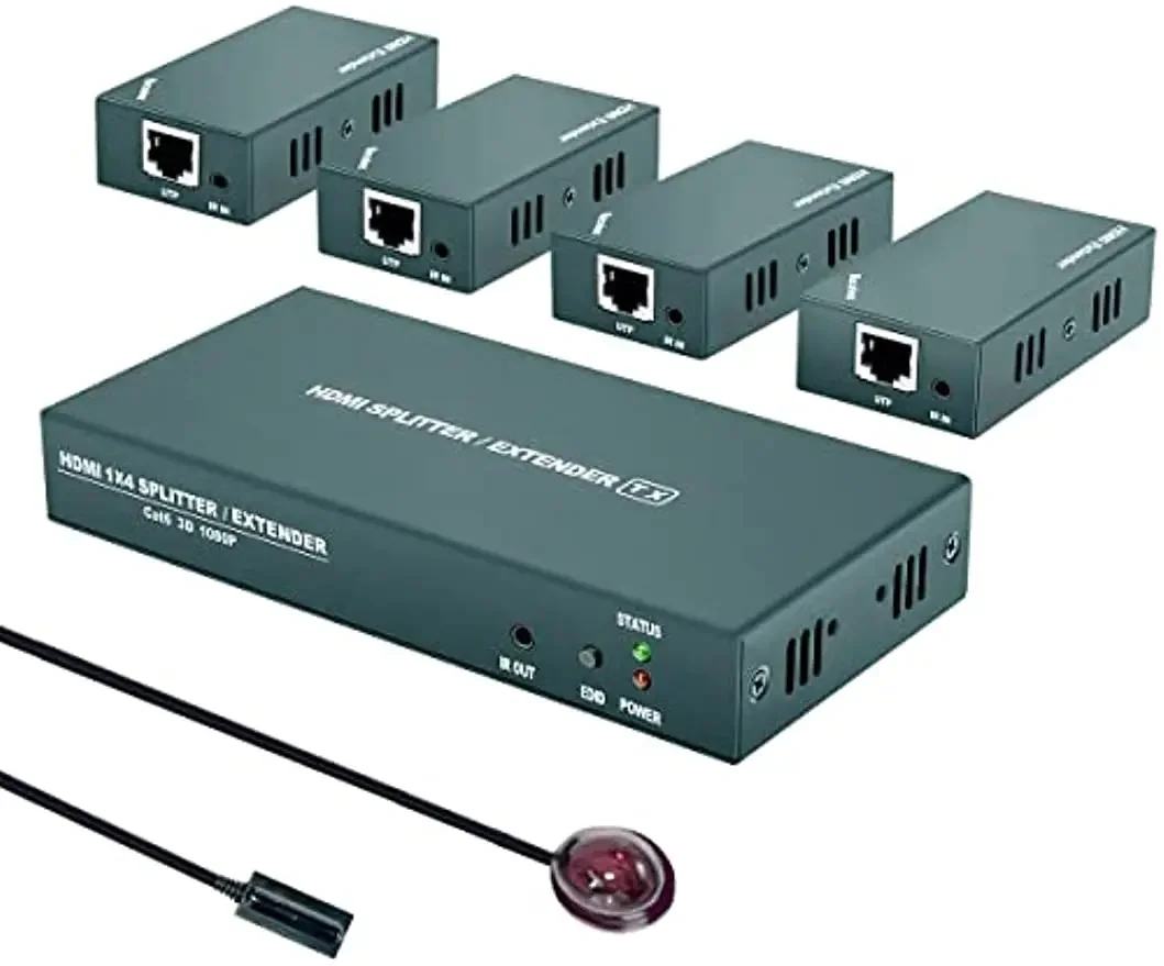 HDMI Extender Splitter 1x4 with IR HD 1080P@60Hz 4 Channel Transmit Up to 165ft (50m) Over CAT5e/6 EDID Copy Plug and play