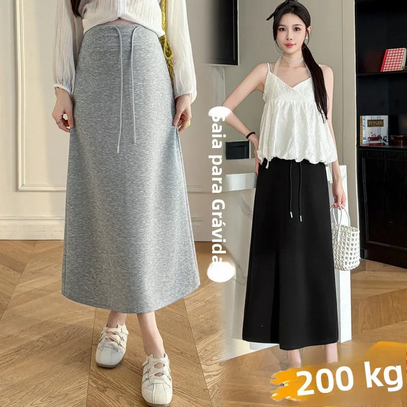 マタニティ-ハイウエスト-a-ライン-スカート-ドローストリング-バック-スプリット付き-春秋ファッション-プラスサイズ-妊婦用-ハーフレングス-スカート