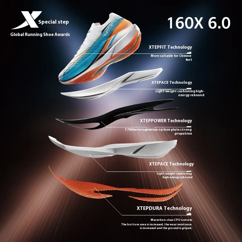 Xtep 160X 6.0 Running Shoes Professional Marathon PB Carbon Plate For Men 2024 Cushioning Shock Absorption Sneakers 976319110057