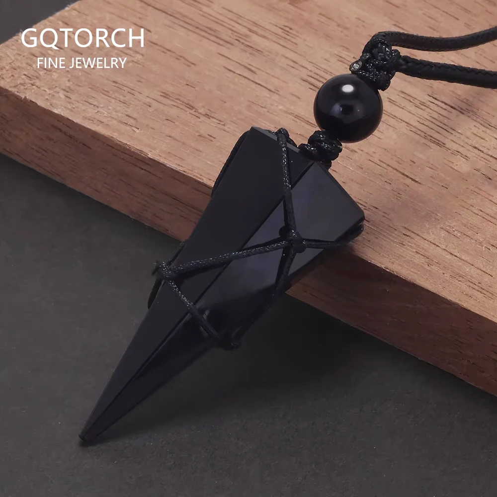 

Natural Stone Geometric Pendant Necklace for Men Black Obsidian Blue Sandstone Adjusted Leather Rope Retro Vintage Jewelry