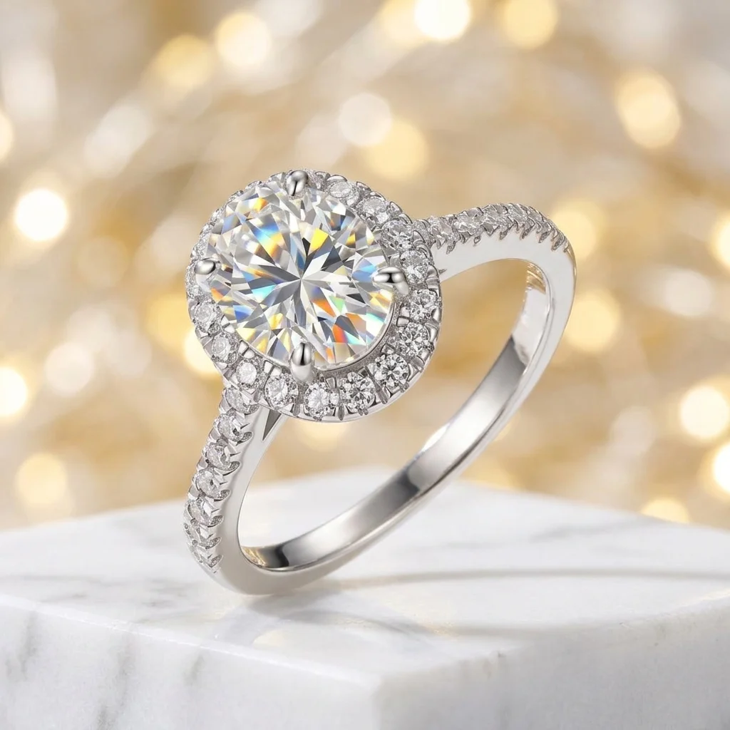 

Кольцо для помолвки с круглым муассанитом 2CT, огранка Halo, из серебра 925 пробы, цвет D, чистота VVS1, с паве-паве закрепкой, обручальное кольцо, свадебные украшения для женщин