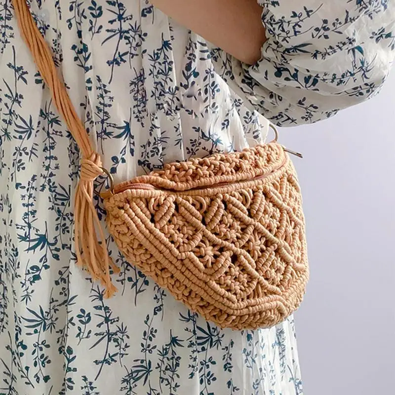 Boho torby czeska torebka Crossbody ręcznie tkana bawełniana torba na ramię szydełkowane frędzle plażowa czeska torebka dla kobiet dziewcząt