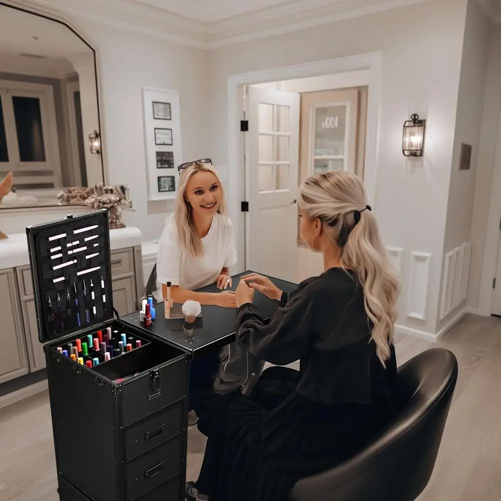 Portable Folding Nail Station with Storage and Wheels for Manicure, Makeup, and Beauty Services