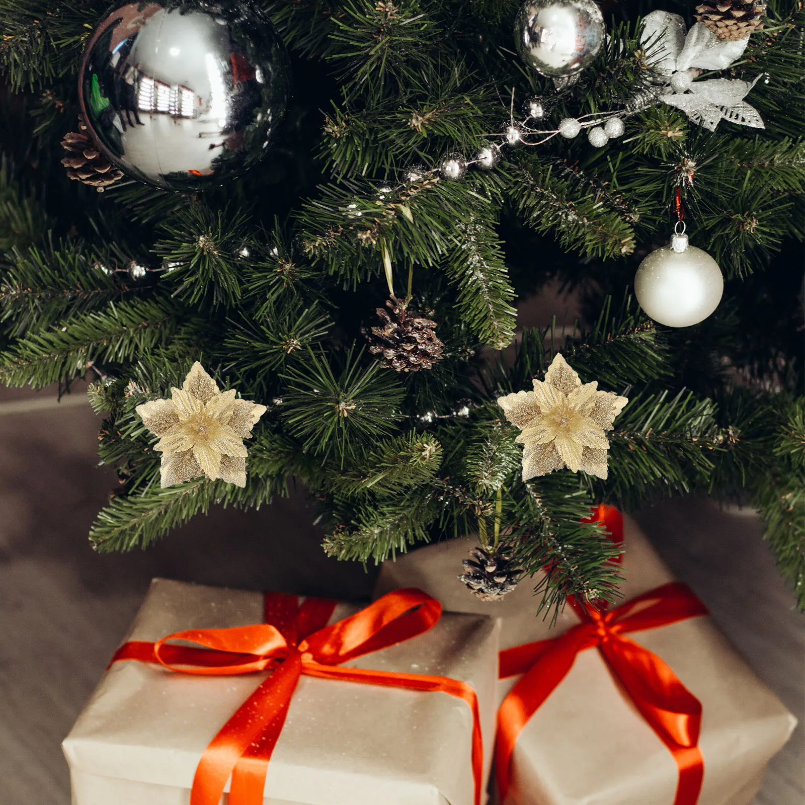 

Christmas Decorative Accessories Artificial Xmas Flower Unique Shape Bright Colors PE Material Glitter Powder Environmental