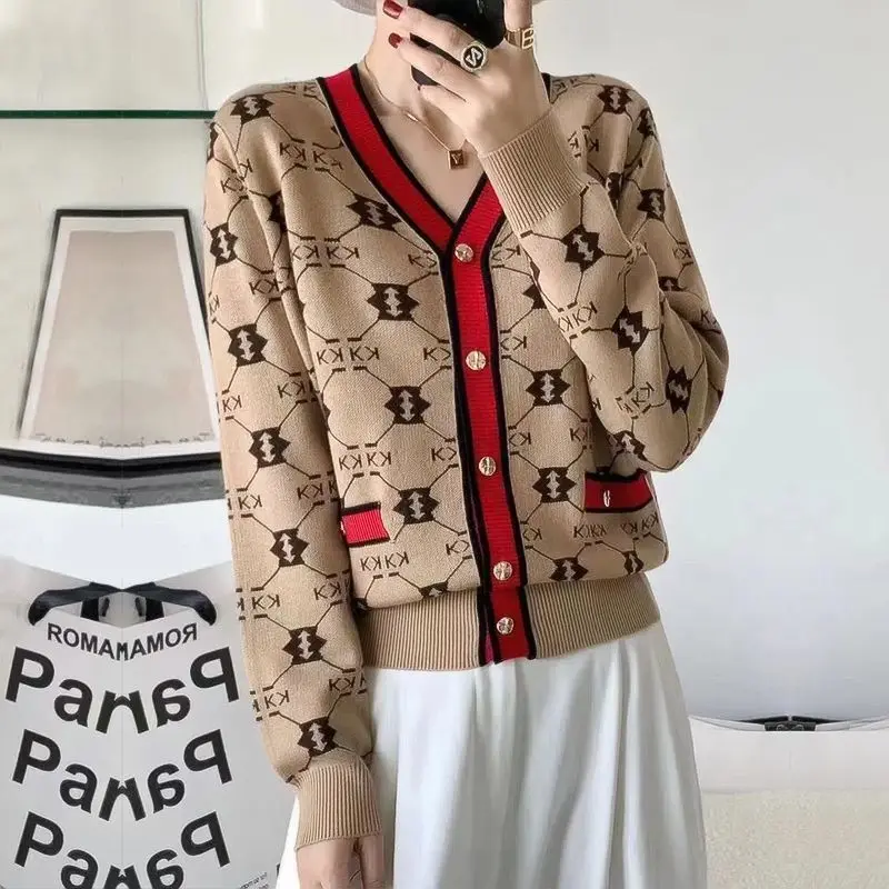 Temperament Office Lady Simplicity Women Clothing Printing Buttons Fashion Loose Autumn Winter Thin V-neck Long Sleeve Sweaters