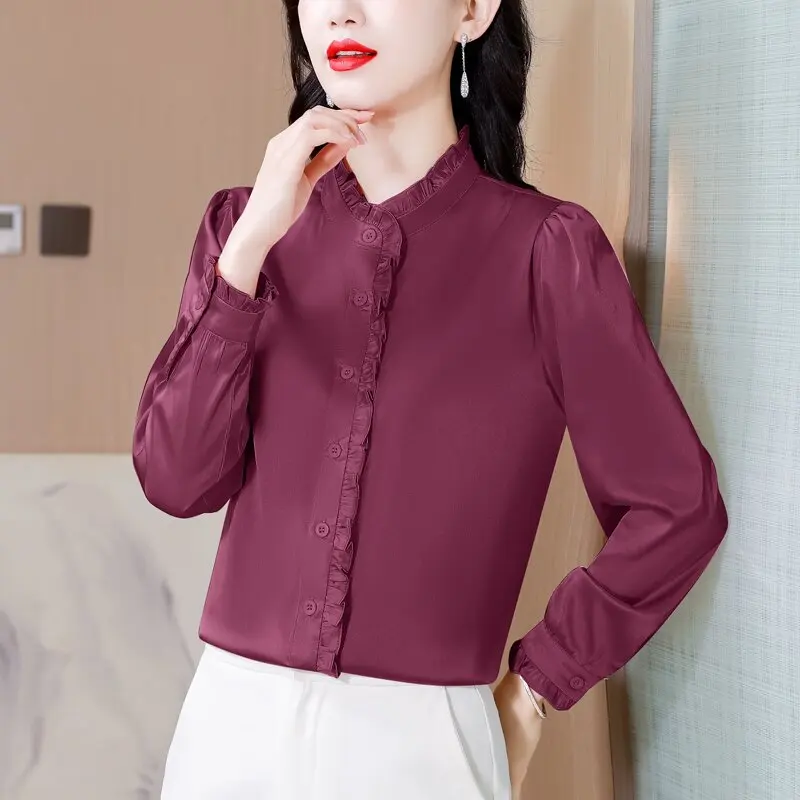 

Elegant Silk Shirt for Mom Spring Autumn New Style Stand Collar Design Wood Grain Ladies Mid-aged Top Commute Style Stra...