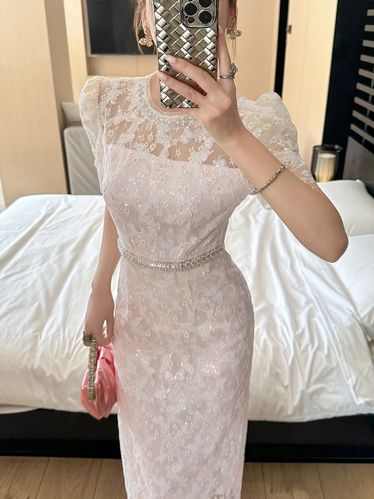 Abito da sera formale di lusso squisito da donna Lady Elegante pizzo trasparente con paillettes ricamato Abito dolce Festa di compleanno Abiti da ballo