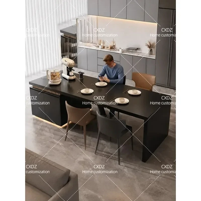 2026 New Rock Slab Island Dining Table with Integrated Flush Down Extension Multi Functional Kitchen Center Table for Home