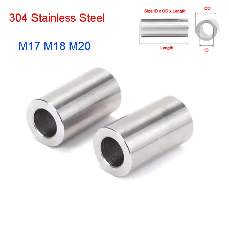 M17 M18 M20 304 Stainless Steel Bushing Steel Sleeve Washer Round Hollow Unthreaded Standoff Spacer Gasket Sleeve Length 5-50mm