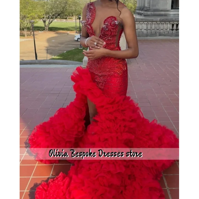 Vestido de fiesta personalizado con cuentas rojas Aso Ebi, vestido negro de cumpleaños para niñas, vestido de fiesta con apliques de cristales para sesión de fotos