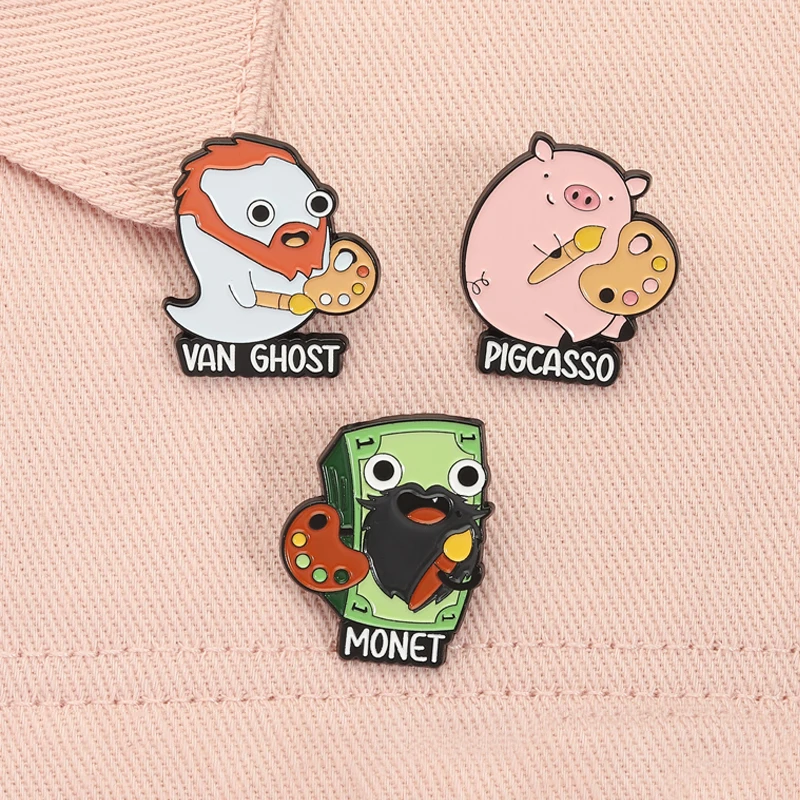 Van Ghost Funny Artist Ghost Pun Enamel Pins Pigcasso Monet Famous Painter Cute Animal Brooches Lapel Badge Jewelry Gifts