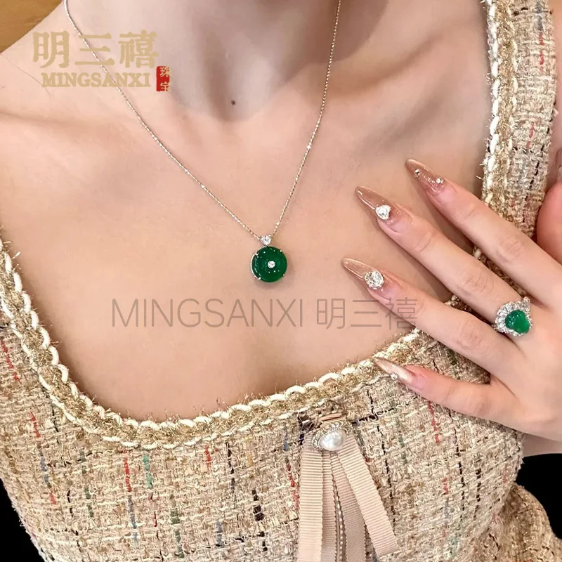 Imperial Chinese Style Gourd Necklace Full Green Natural Chalcedony Wushi Agate Peace Buckle Jade Pendant