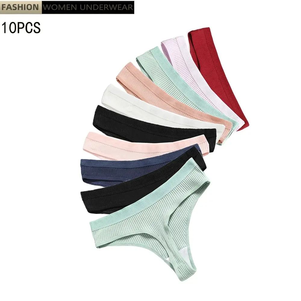 10 PCS/Set Women Sexy Waffle Cotton Panties V-Waist High Elasticity G-String Thong Breathable Underwear Female Intimates Lingeri