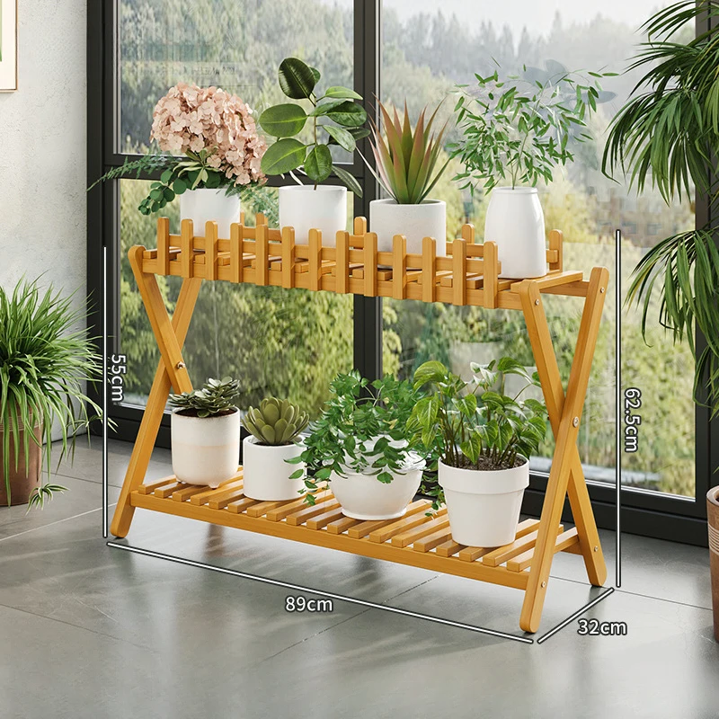 2 Tier Bamboo Plant Stand Outdoor Flower Pot Rack Freestanding Plant Shelf with Fence for Balcony Patio Garden Indoor