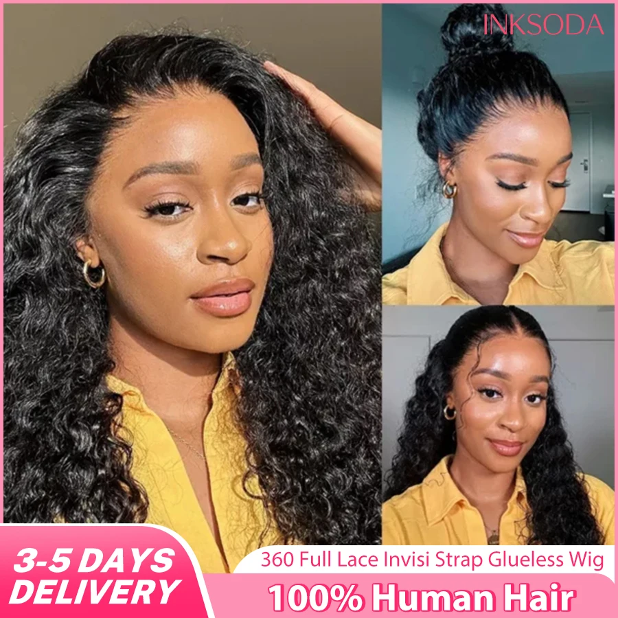 

220 Density Hidden Strap 360 Full Lace Front Wig Human Hair Invisible Strap Deep Wave 360 Glueless Wigs with Drawstring Curly