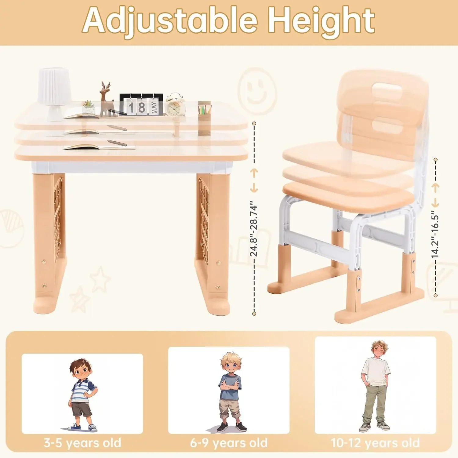 Kids Desk and Chair Set, Height Adjustable Kids Table and Chairs, Study Table for 3-12 Years Boy and Girl, Student Writing Desk