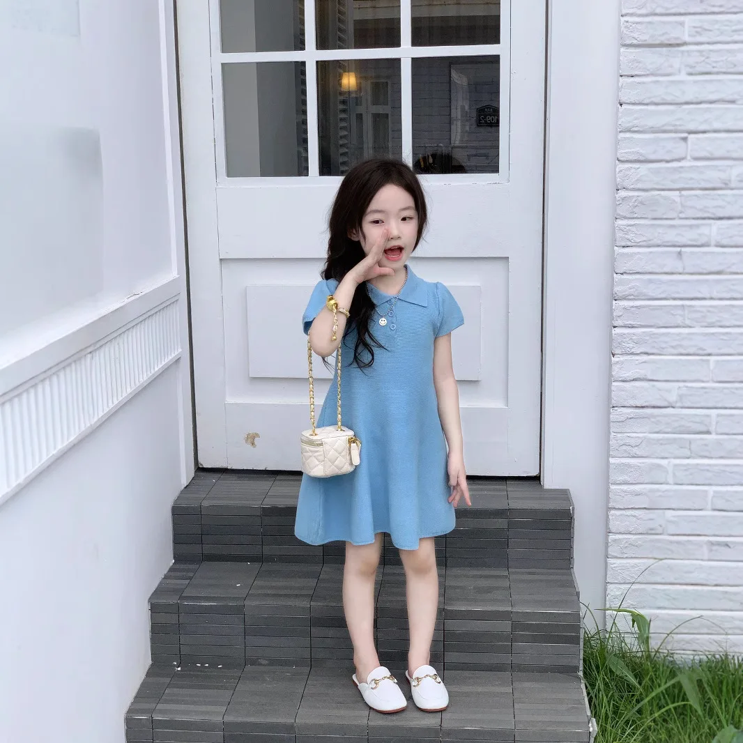 

Girls Skirt 2025 Summer New Ice Silk Knitted Short-sleeved Dress Waist and Thin Temperament Tutu Skirt Fashion