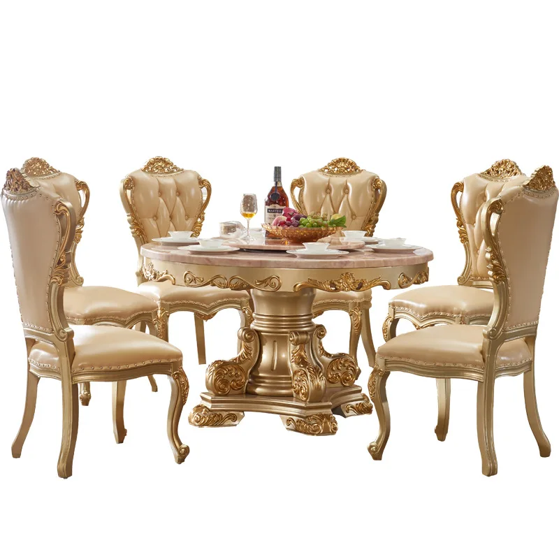Solid wood dining table marble surface round table noble gold dining 1.5 meters household dining