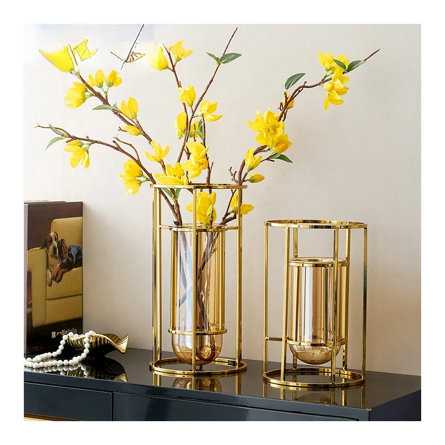 Metal Circular Line Glass Vase Ornaments Front Desk Living Room Hydroponic Flower Arrangement Gold Vase