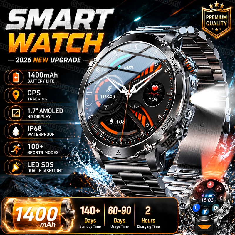 

2026 Global Sports Smart Watches For man 1.7''Screen 1400mAh Battery LED Flashlight IP69 Voice Assistant Outdoor Fitness Watch