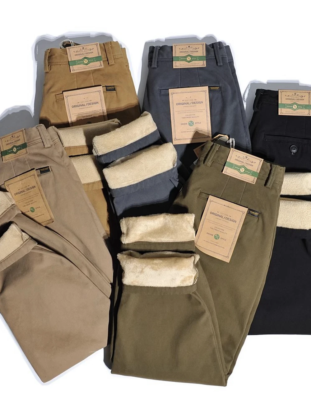 

Утепленные брюки-чинос с широкими штанинами и флисовой подкладкой, цвет хаки, свободные повседневные рабочие брюки, молодежные зимние длинные брюки