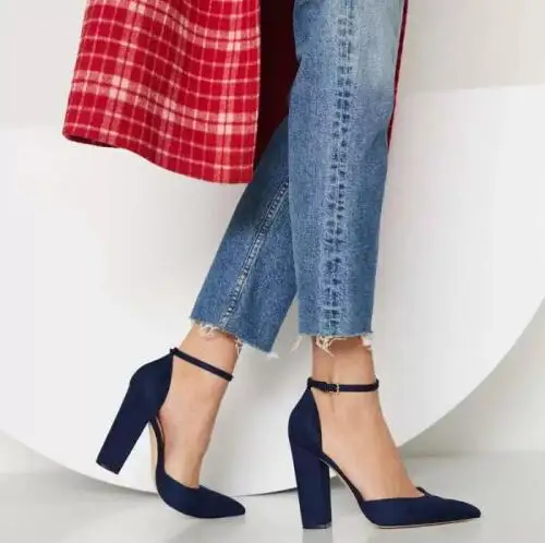 

Drop Shipping Women Dark Blue Suede Concise Pointed Toe Shallow Cover Heel Pumps Ladies Hollow Ankle Buckle High Heels Shoes
